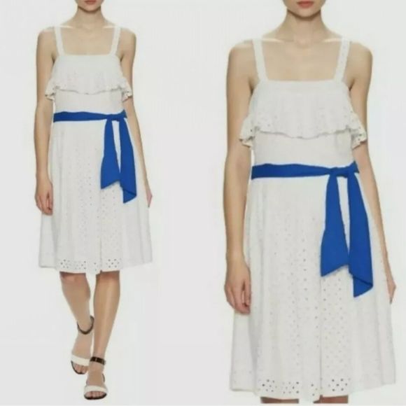 Sleeveless Fit and Flare Eyelet Dress, White with Blue Tie Waist Belt - Picture 1 of 12